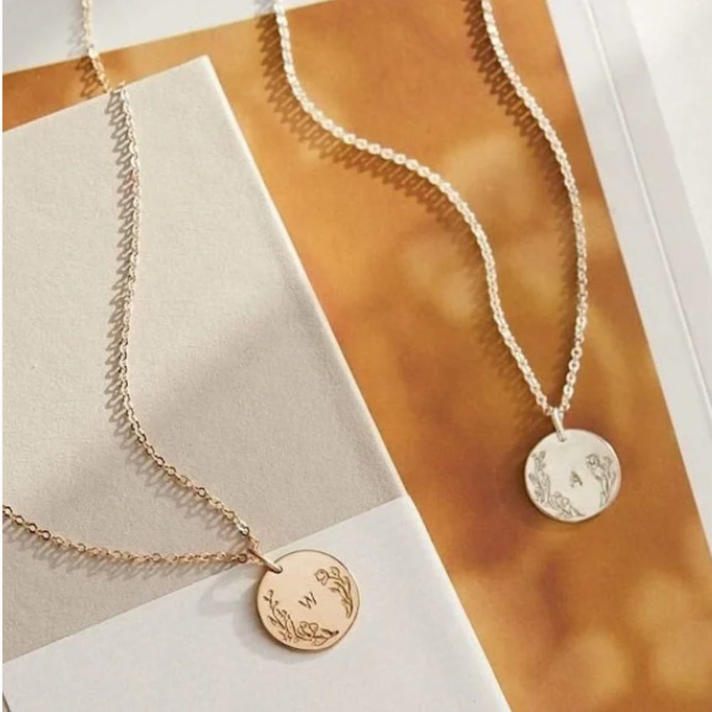 Floral Letter M Initial Dainty Silver/Gold Floral Engraved Boho/Indie Necklace - Picture 13 of 16